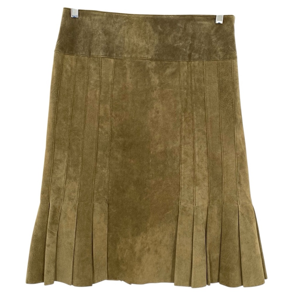 Worth Suede Leather Avocado Green Pleated Midi Skirt